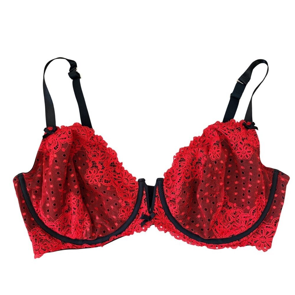 Cacique Lace Unlined Plunge Balconette Underwired Bra Womens Size 44F Red/Black